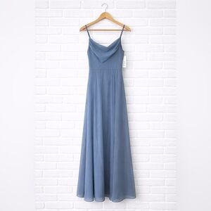 David’s Bridal Dusty Blue Chiffon Maxi Bridesmaid Dress Cowl Neck Size 2 NWT